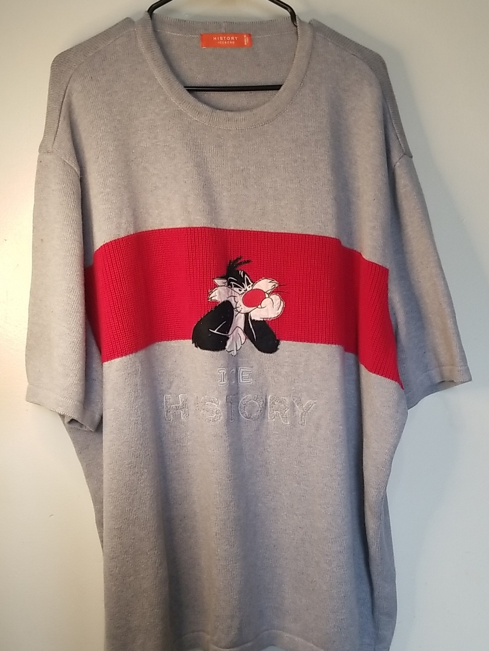 Gray Crewneck Sweater with Red Chest Stripe
